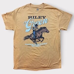 Riley Green Damn Country Music Tour 2025 T-Shirt Tan Mens Large Cowboy Graphic